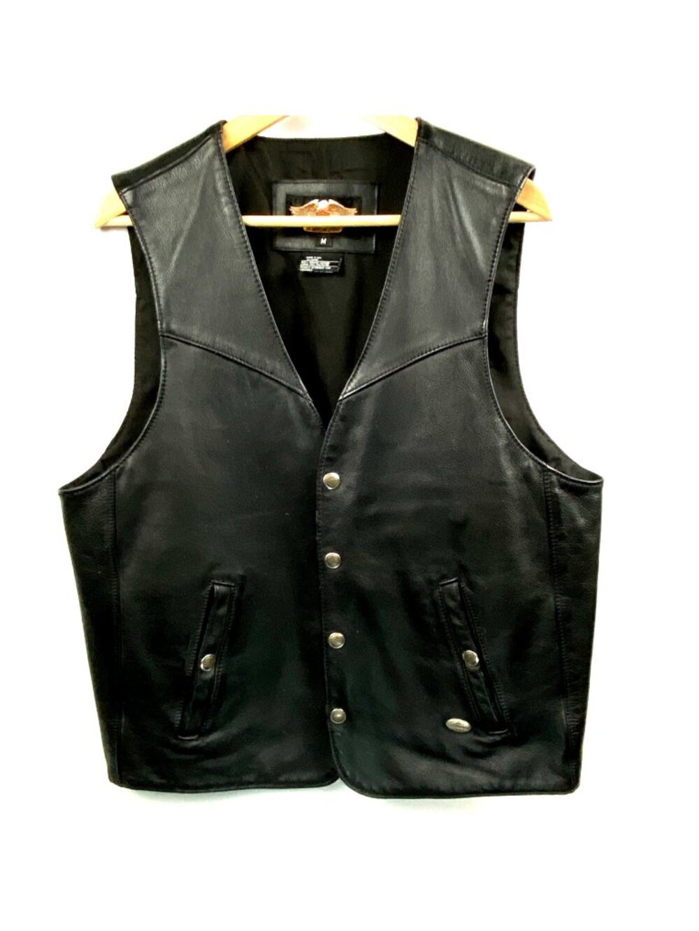 Harley Davidson Men M Black Leather Snap Vest Made USA Embroidered Winged Patch